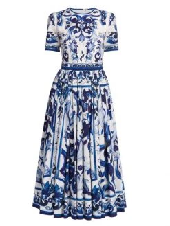 DOLCE&GABBANA Blu Mediterraneo Printed Fit & Flare Midi-Dress