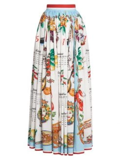 DOLCE&GABBANA Capri Pleated Painterly & Calendar-Print Maxi Skirt