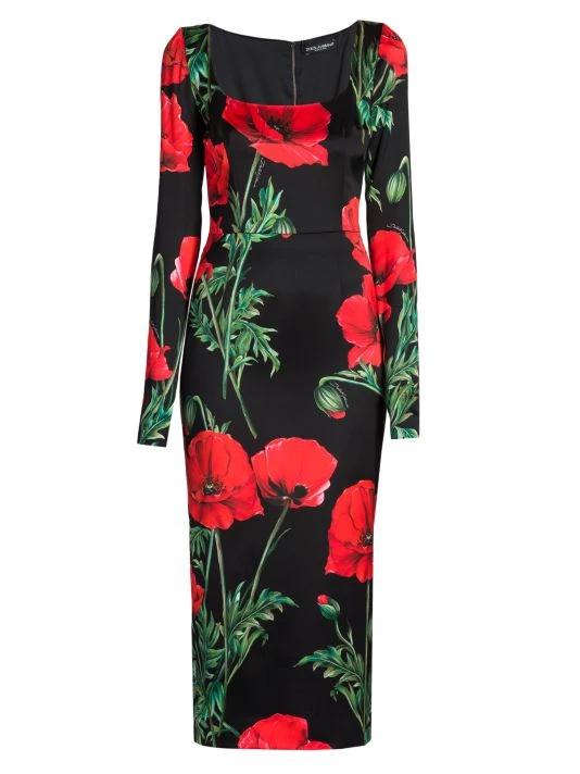 DOLCE&GABBANA Satin Poppy Print Midi Dress 3 DOLCE&GABBANA Satin Poppy Print Midi Dress