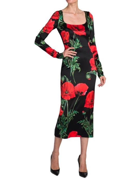 DOLCE&GABBANA Satin Poppy Print Midi Dress 4 DOLCE&GABBANA Satin Poppy Print Midi Dress - Image 2