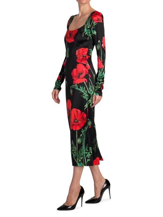 DOLCE&GABBANA Satin Poppy Print Midi Dress 6 DOLCE&GABBANA Satin Poppy Print Midi Dress - Image 4