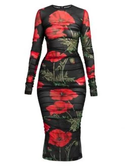 DOLCE&GABBANA Floral Tulle Ruched Midi-Dress