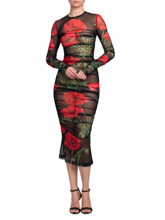 DOLCE&GABBANA Floral Tulle Ruched Midi-Dress 4 DOLCE&GABBANA Floral Tulle Ruched Midi-Dress - Image 2
