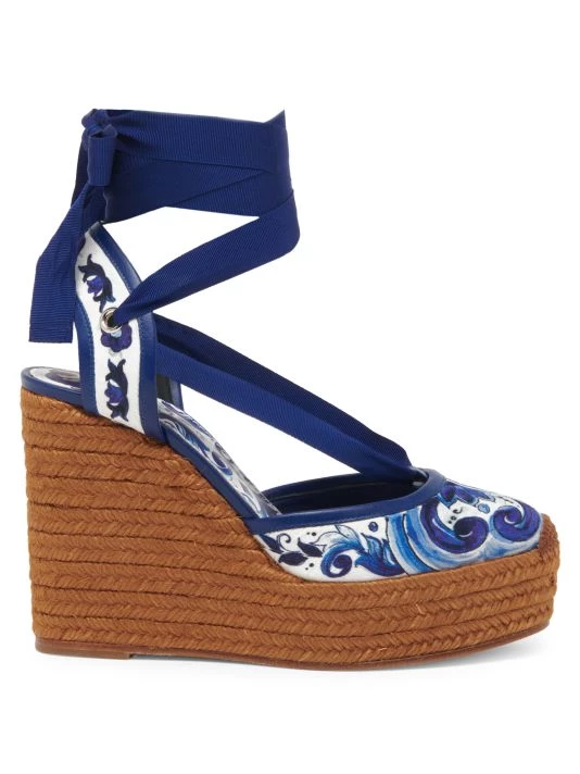 DOLCE&GABBANA Lola Printed Brocade Espadrille Ankle-Wrap Wedges 3 DOLCE&GABBANA Lola Printed Brocade Espadrille Ankle-Wrap Wedges