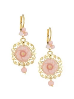 DOLCE&GABBANA 18K Yellow Gold Pink Opal Rose Pendant Earrings