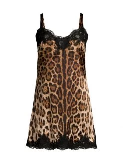 DOLCE&GABBANA Cheetah Print & Lace Silk Slip Dress