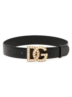 DOLCE&GABBANA Crystal-Embellished Logo Buckle Leather Belt