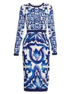 DOLCE&GABBANA Blu Mediterraneo Painterly Long-Sleeve Midi-Dress