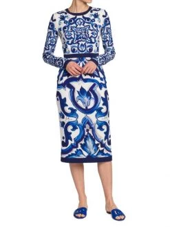 DOLCE&GABBANA Blu Mediterraneo Painterly Long-Sleeve Midi-Dress -Deals DOLCE&GABBANA Store unnamed file 832
