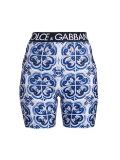DOLCE&GABBANA Blu Mediterraneo Logo-Waist & Painterly-Print Bike Shorts